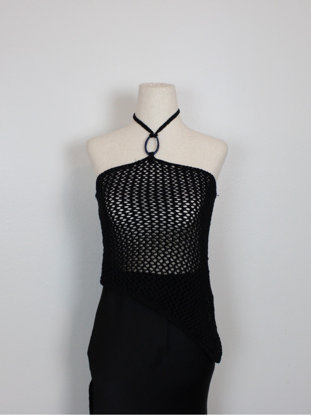 Motel Royani black knit asymmetrical halter top with blue ring. Size S
